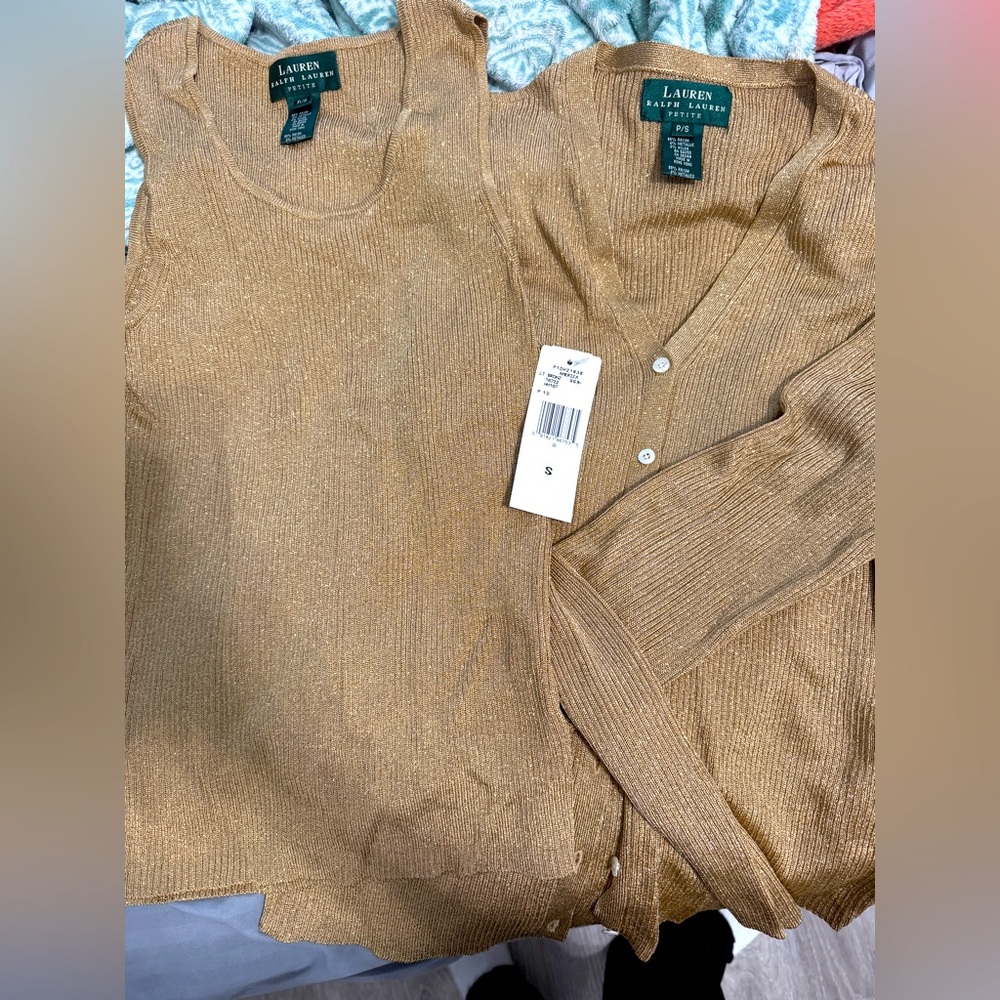 NWT 2PC set Gold Cardigan & tank top - Ralph Lauren size Small Women’s